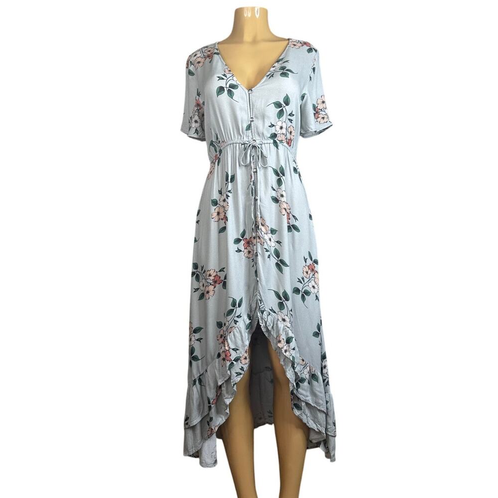 Saltwater Luxe High Low Dress V-Neck Short Sleeve Gray Floral Print Size Small
